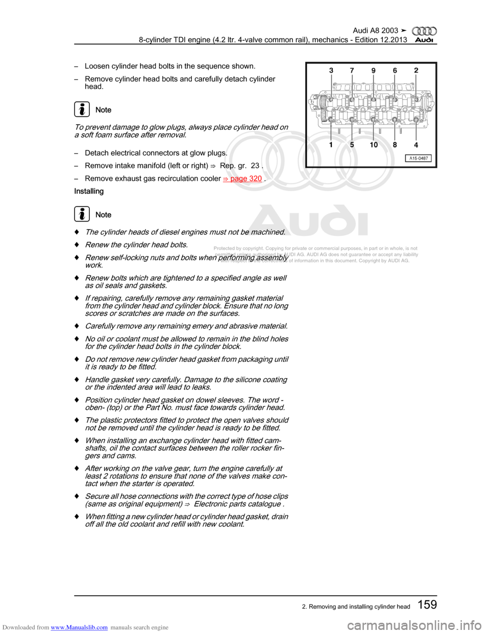 AUDI A8 2003 D3 / 2.G BVN BMC Engines Workshop Manual Downloaded from www.Manualslib.com manuals search engine 
Protected by copyright. Copying for private or commercial purposes, in p\
art or in whole, is not 
 permitted unless authorised by AUDI AG. AU