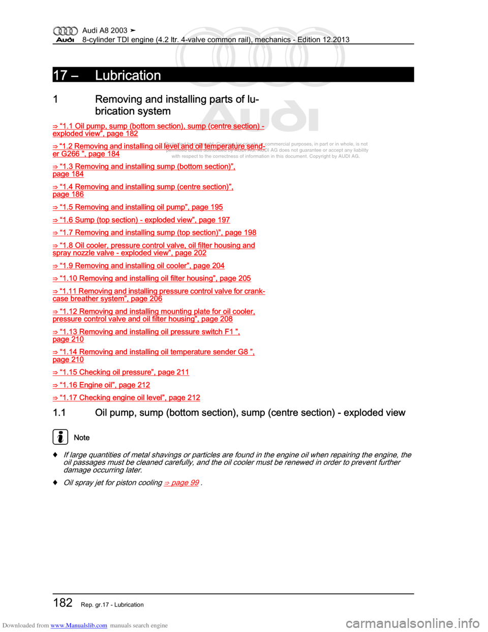 AUDI A8 2003 D3 / 2.G BVN BMC Engines Workshop Manual Downloaded from www.Manualslib.com manuals search engine 
Protected by copyright. Copying for private or commercial purposes, in p\
art or in whole, is not 
 permitted unless authorised by AUDI AG. AU