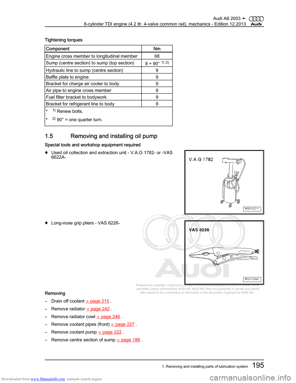 AUDI A8 2003 D3 / 2.G BVN BMC Engines Workshop Manual Downloaded from www.Manualslib.com manuals search engine 
Protected by copyright. Copying for private or commercial purposes, in p\
art or in whole, is not 
 permitted unless authorised by AUDI AG. AU