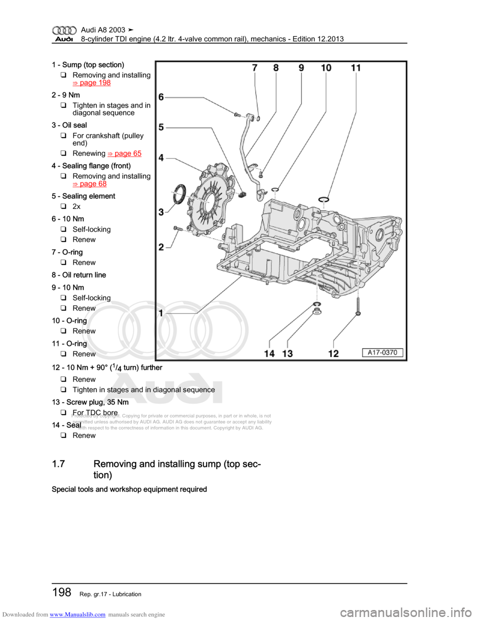 AUDI A8 2003 D3 / 2.G BVN BMC Engines Workshop Manual Downloaded from www.Manualslib.com manuals search engine 
Protected by copyright. Copying for private or commercial purposes, in p\
art or in whole, is not 
 permitted unless authorised by AUDI AG. AU