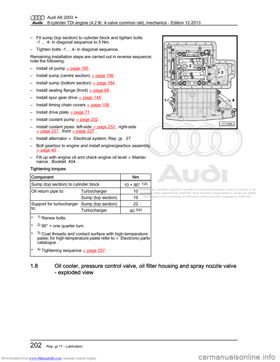 AUDI A8 2003 D3 / 2.G BVN BMC Engines Workshop Manual Downloaded from www.Manualslib.com manuals search engine 
Protected by copyright. Copying for private or commercial purposes, in p\
art or in whole, is not 
 permitted unless authorised by AUDI AG. AU