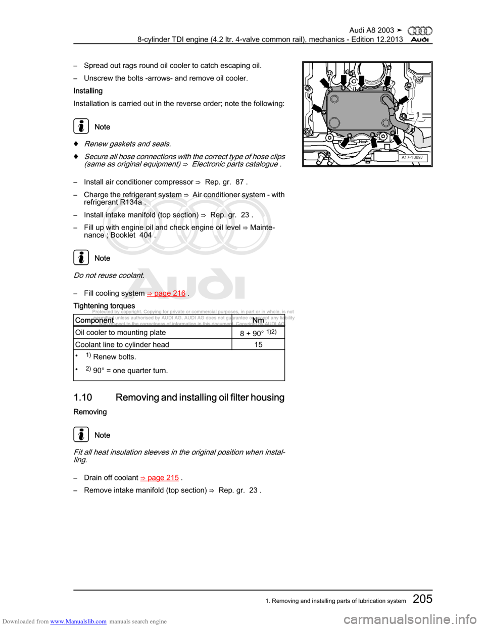 AUDI A8 2003 D3 / 2.G BVN BMC Engines Workshop Manual Downloaded from www.Manualslib.com manuals search engine 
Protected by copyright. Copying for private or commercial purposes, in p\
art or in whole, is not 
 permitted unless authorised by AUDI AG. AU