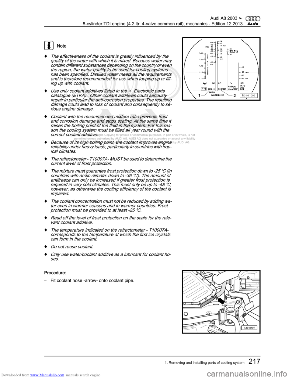 AUDI A8 2003 D3 / 2.G BVN BMC Engines Workshop Manual Downloaded from www.Manualslib.com manuals search engine 
Protected by copyright. Copying for private or commercial purposes, in p\
art or in whole, is not 
 permitted unless authorised by AUDI AG. AU