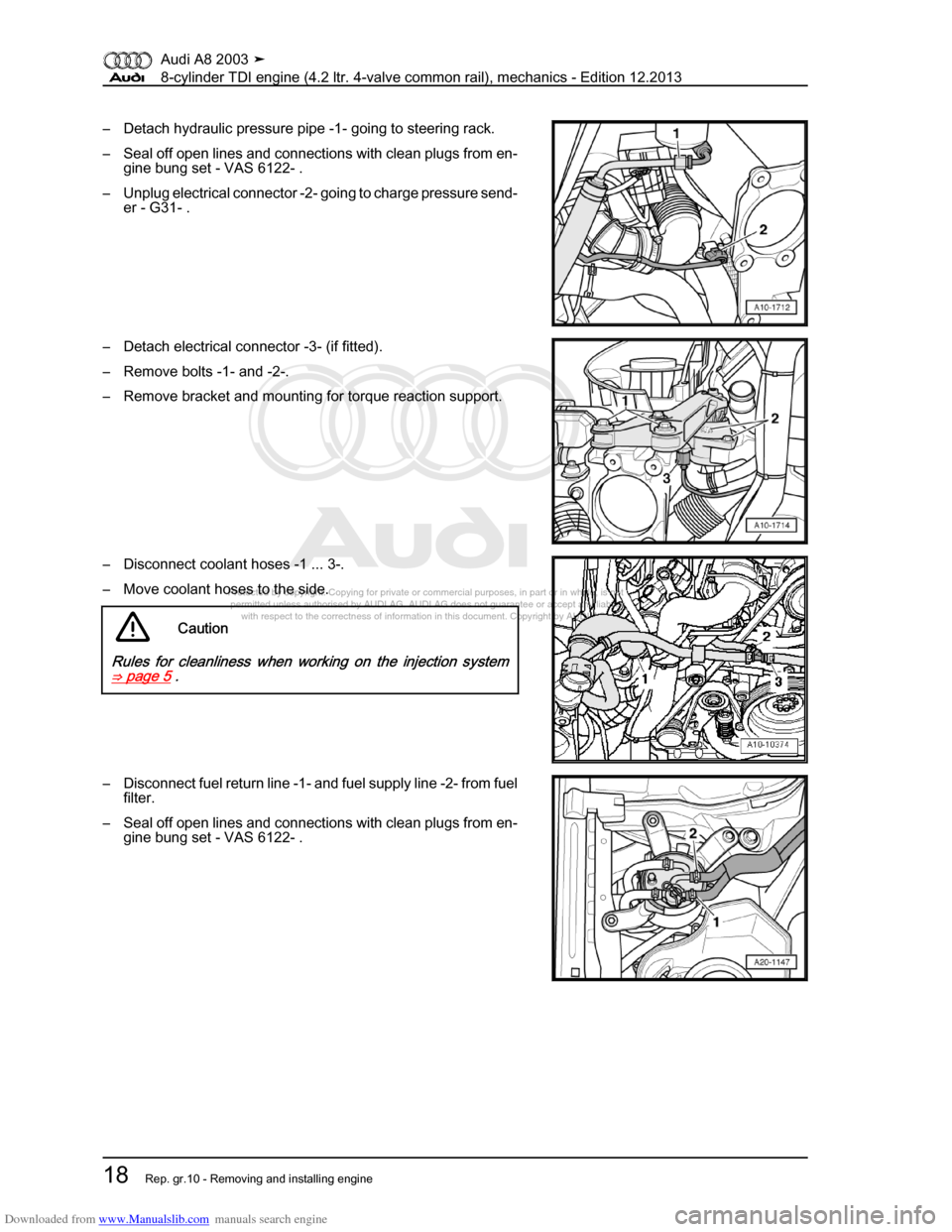 AUDI A8 2003 D3 / 2.G BVN BMC Engines Workshop Manual Downloaded from www.Manualslib.com manuals search engine 
Protected by copyright. Copying for private or commercial purposes, in p\
art or in whole, is not 
 permitted unless authorised by AUDI AG. AU