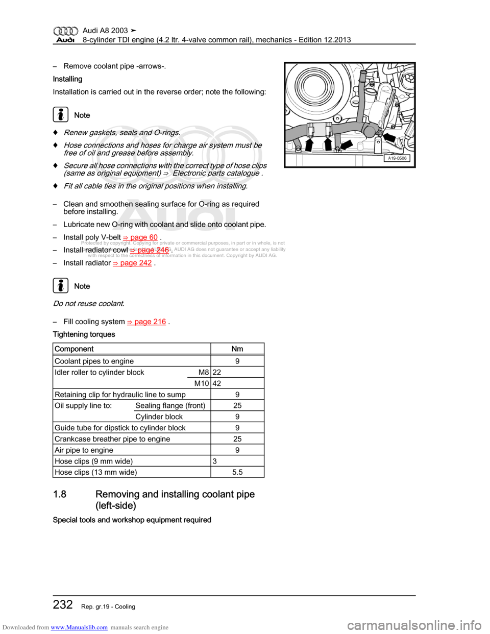 AUDI A8 2003 D3 / 2.G BVN BMC Engines Workshop Manual Downloaded from www.Manualslib.com manuals search engine 
Protected by copyright. Copying for private or commercial purposes, in p\
art or in whole, is not 
 permitted unless authorised by AUDI AG. AU