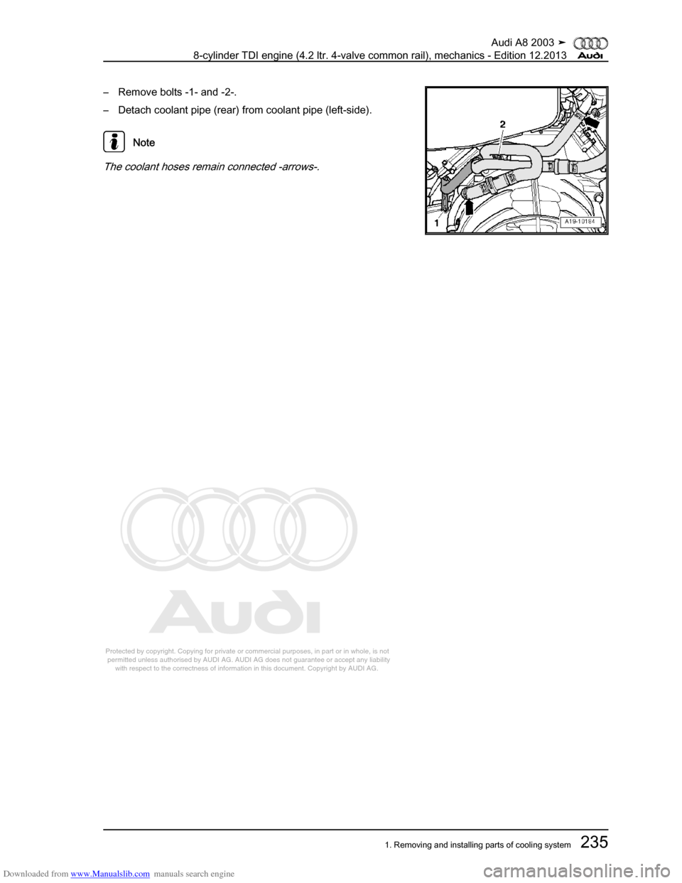 AUDI A8 2003 D3 / 2.G BVN BMC Engines Workshop Manual Downloaded from www.Manualslib.com manuals search engine 
Protected by copyright. Copying for private or commercial purposes, in p\
art or in whole, is not 
 permitted unless authorised by AUDI AG. AU