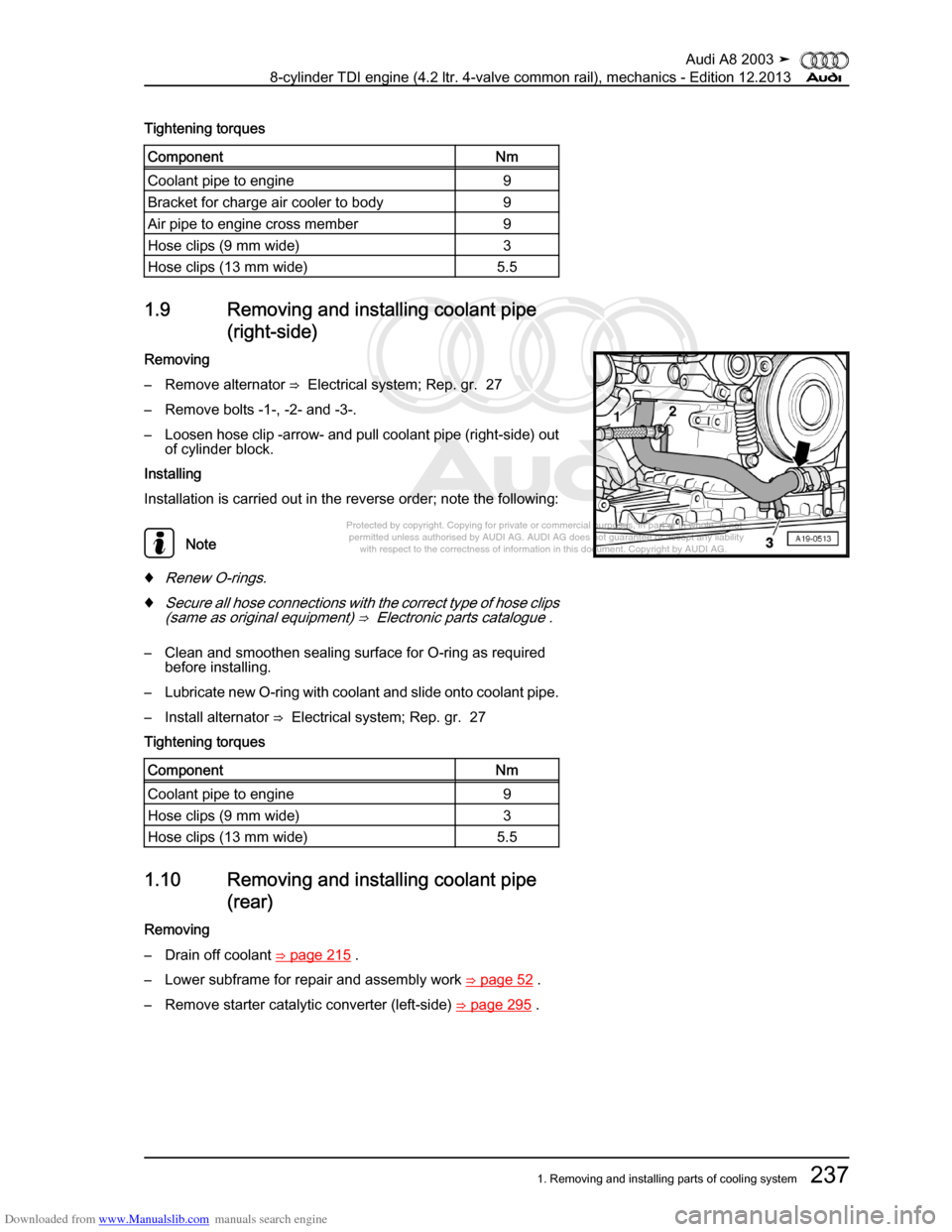 AUDI A8 2003 D3 / 2.G BVN BMC Engines Workshop Manual Downloaded from www.Manualslib.com manuals search engine 
Protected by copyright. Copying for private or commercial purposes, in p\
art or in whole, is not 
 permitted unless authorised by AUDI AG. AU