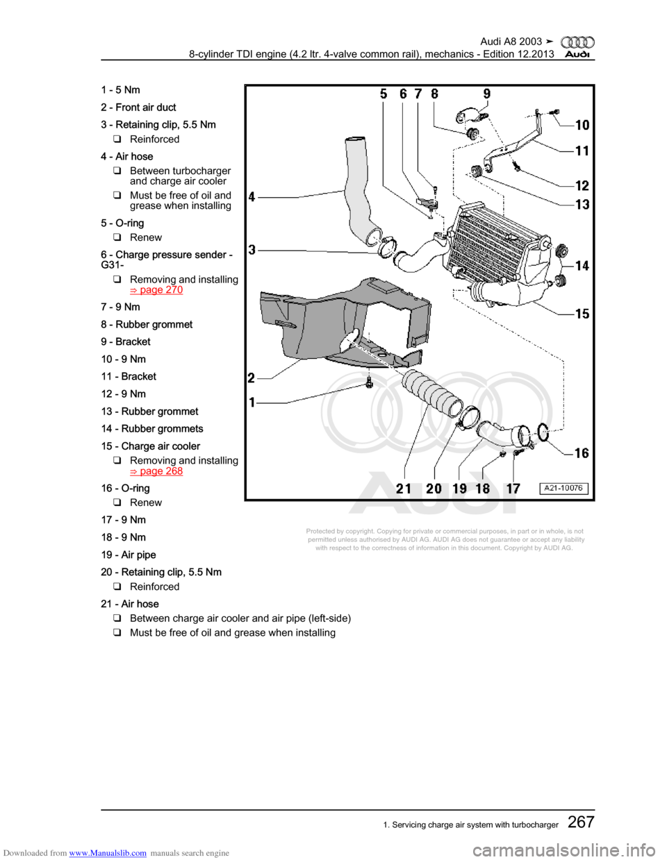 AUDI A8 2003 D3 / 2.G BVN BMC Engines Workshop Manual Downloaded from www.Manualslib.com manuals search engine 
Protected by copyright. Copying for private or commercial purposes, in p\
art or in whole, is not 
 permitted unless authorised by AUDI AG. AU