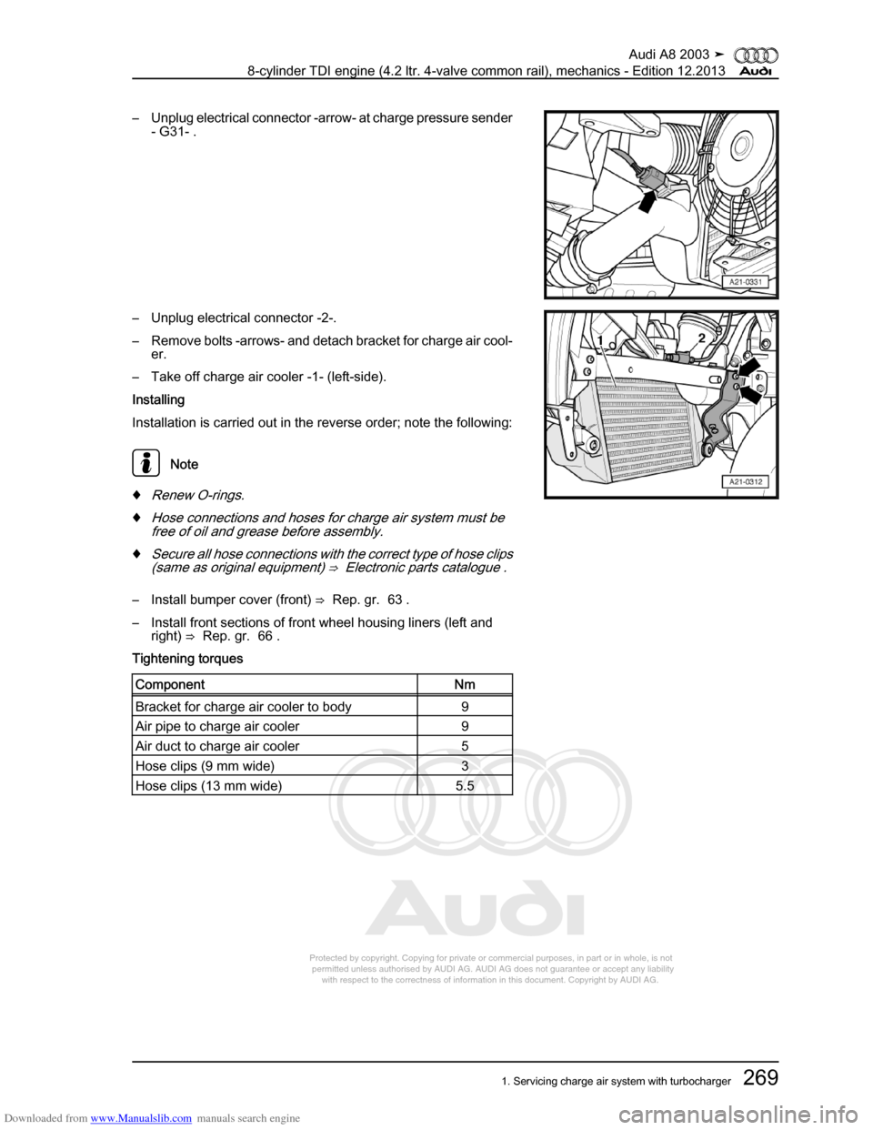 AUDI A8 2003 D3 / 2.G BVN BMC Engines Workshop Manual Downloaded from www.Manualslib.com manuals search engine 
Protected by copyright. Copying for private or commercial purposes, in p\
art or in whole, is not 
 permitted unless authorised by AUDI AG. AU