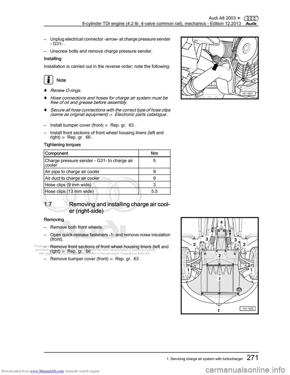 AUDI A8 2003 D3 / 2.G BVN BMC Engines Workshop Manual Downloaded from www.Manualslib.com manuals search engine 
Protected by copyright. Copying for private or commercial purposes, in p\
art or in whole, is not 
 permitted unless authorised by AUDI AG. AU