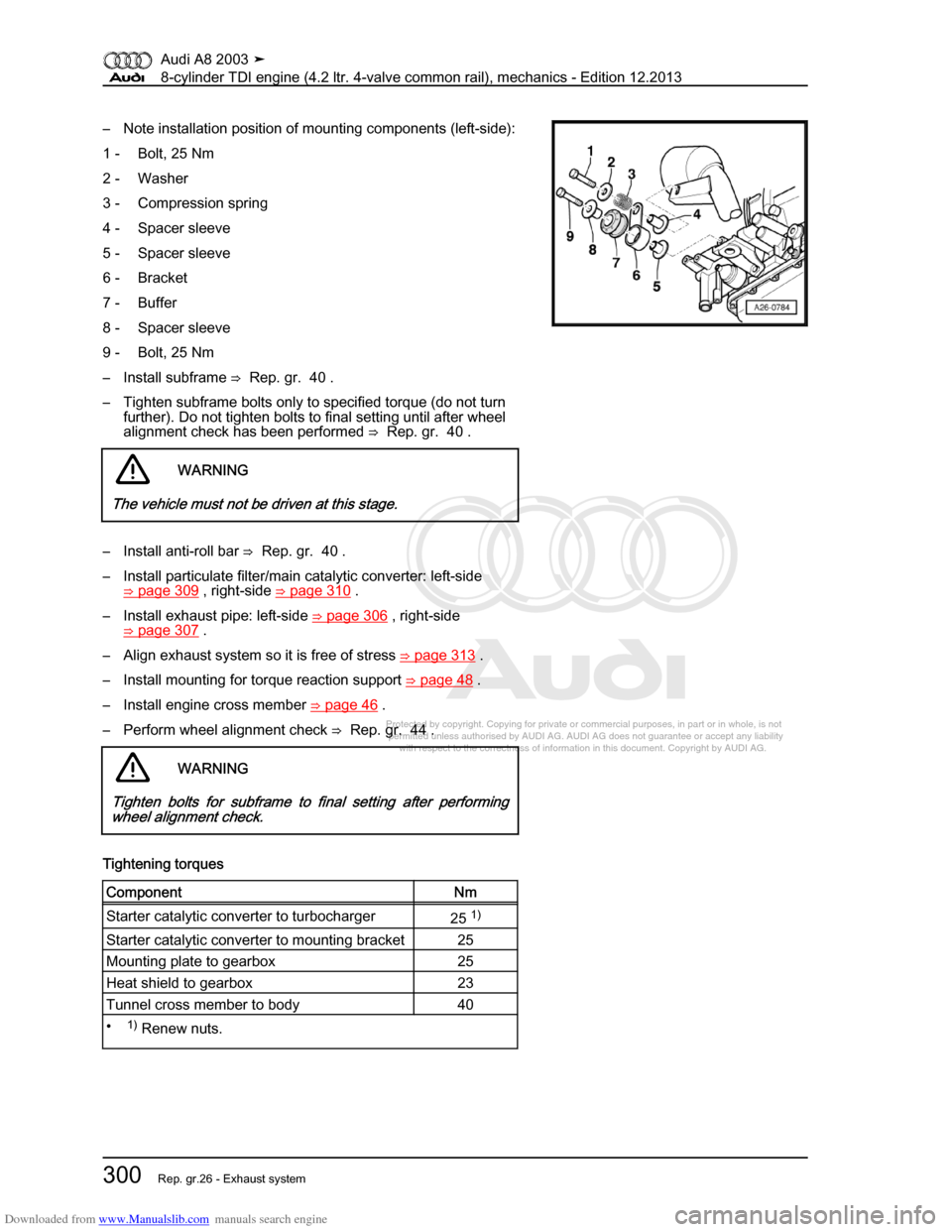 AUDI A8 2003 D3 / 2.G BVN BMC Engines Workshop Manual Downloaded from www.Manualslib.com manuals search engine 
Protected by copyright. Copying for private or commercial purposes, in p\
art or in whole, is not 
 permitted unless authorised by AUDI AG. AU