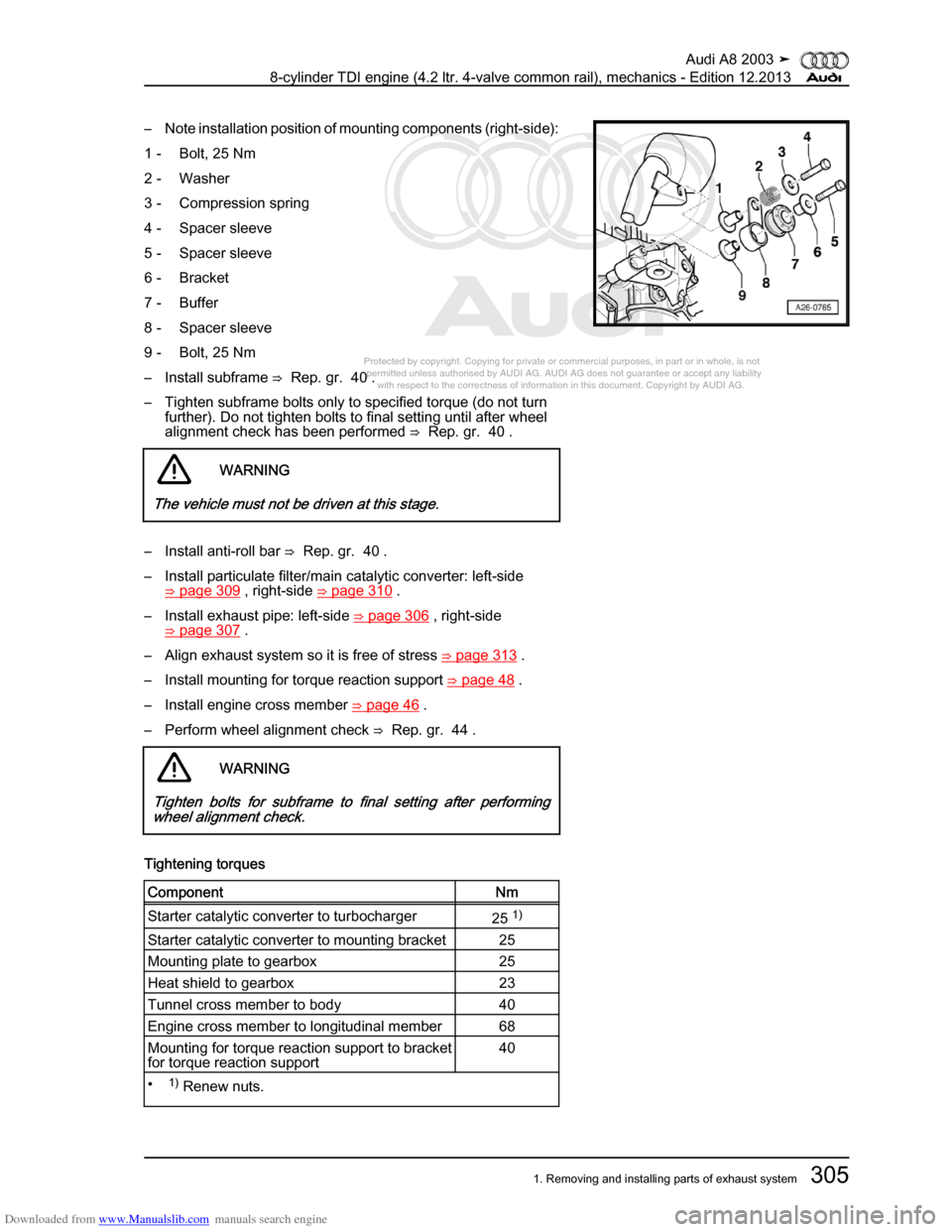 AUDI A8 2003 D3 / 2.G BVN BMC Engines Workshop Manual Downloaded from www.Manualslib.com manuals search engine 
Protected by copyright. Copying for private or commercial purposes, in p\
art or in whole, is not 
 permitted unless authorised by AUDI AG. AU