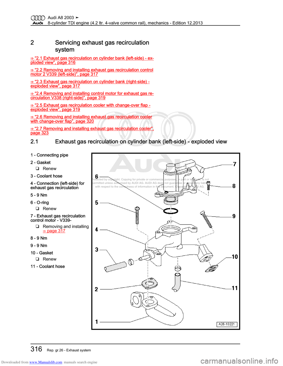 AUDI A8 2003 D3 / 2.G BVN BMC Engines Workshop Manual Downloaded from www.Manualslib.com manuals search engine 
Protected by copyright. Copying for private or commercial purposes, in p\
art or in whole, is not 
 permitted unless authorised by AUDI AG. AU