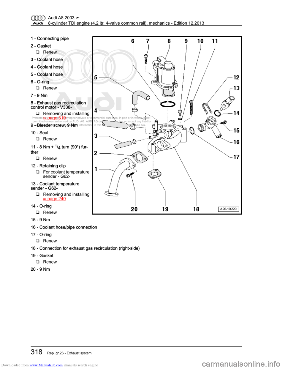 AUDI A8 2003 D3 / 2.G BVN BMC Engines Workshop Manual Downloaded from www.Manualslib.com manuals search engine 
Protected by copyright. Copying for private or commercial purposes, in p\
art or in whole, is not 
 permitted unless authorised by AUDI AG. AU