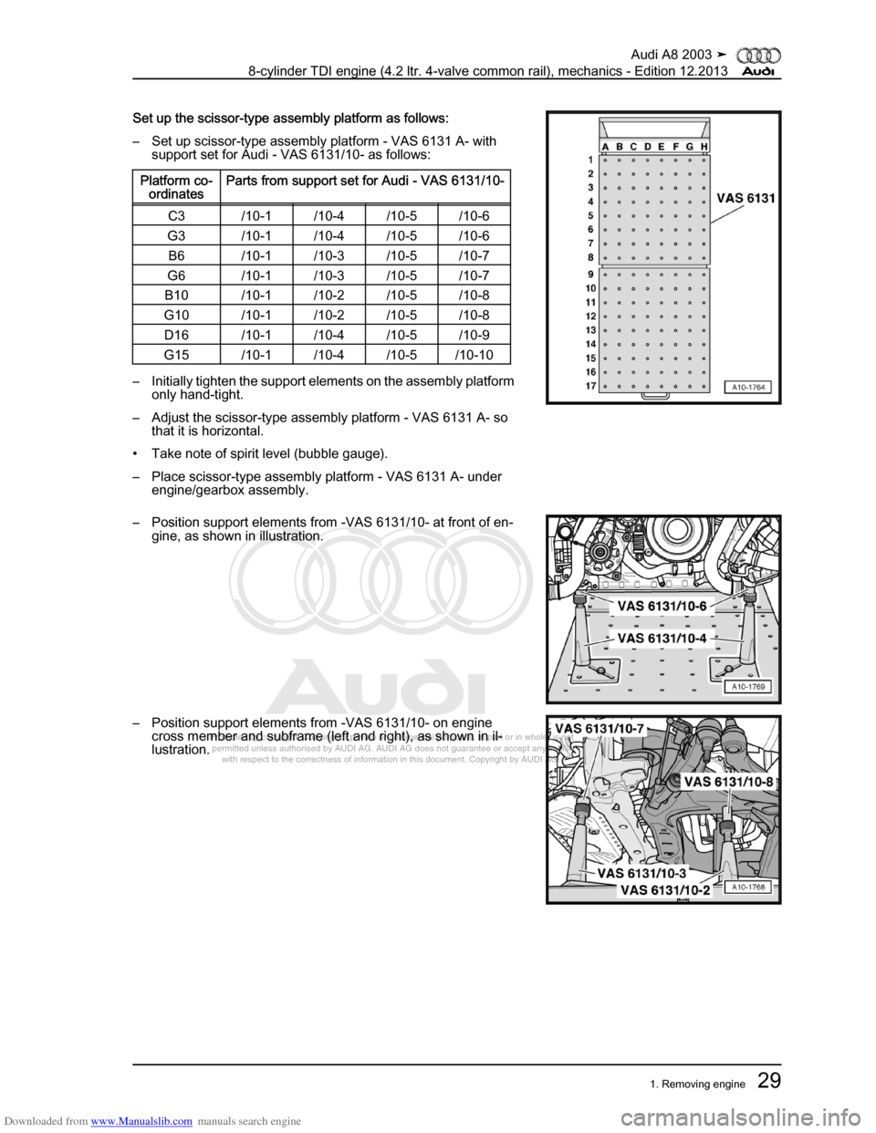 AUDI A8 2003 D3 / 2.G BVN BMC Engines Workshop Manual Downloaded from www.Manualslib.com manuals search engine 
Protected by copyright. Copying for private or commercial purposes, in p\
art or in whole, is not 
 permitted unless authorised by AUDI AG. AU