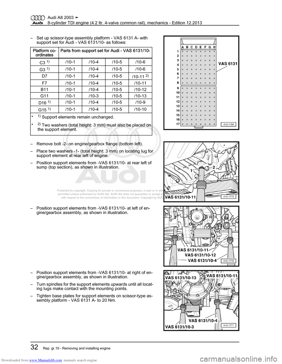 AUDI A8 2003 D3 / 2.G BVN BMC Engines Workshop Manual Downloaded from www.Manualslib.com manuals search engine 
Protected by copyright. Copying for private or commercial purposes, in p\
art or in whole, is not 
 permitted unless authorised by AUDI AG. AU