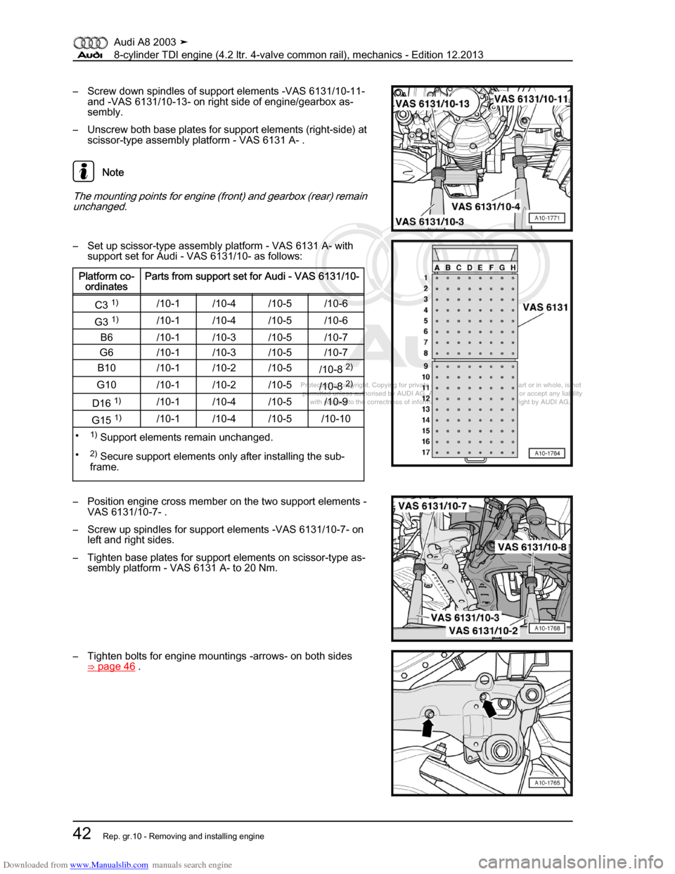 AUDI A8 2003 D3 / 2.G BVN BMC Engines Workshop Manual Downloaded from www.Manualslib.com manuals search engine 
Protected by copyright. Copying for private or commercial purposes, in p\
art or in whole, is not 
 permitted unless authorised by AUDI AG. AU