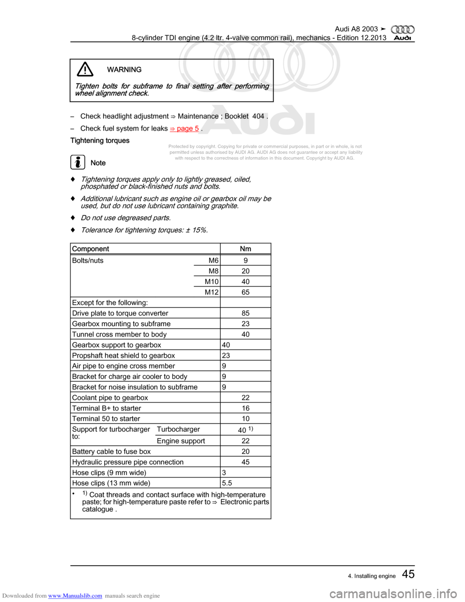 AUDI A8 2003 D3 / 2.G BVN BMC Engines Workshop Manual Downloaded from www.Manualslib.com manuals search engine 
Protected by copyright. Copying for private or commercial purposes, in p\
art or in whole, is not 
 permitted unless authorised by AUDI AG. AU