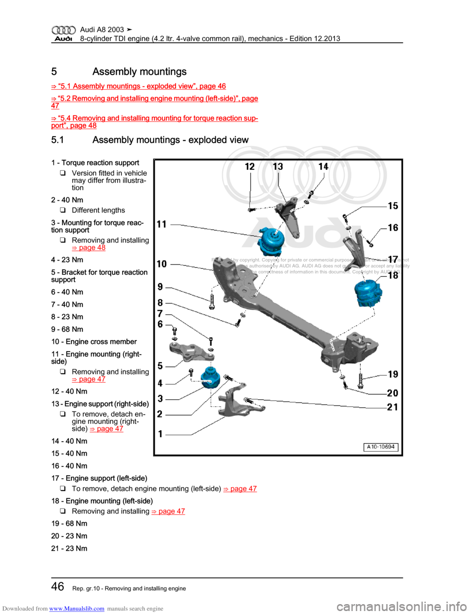 AUDI A8 2003 D3 / 2.G BVN BMC Engines Workshop Manual Downloaded from www.Manualslib.com manuals search engine 
Protected by copyright. Copying for private or commercial purposes, in p\
art or in whole, is not 
 permitted unless authorised by AUDI AG. AU