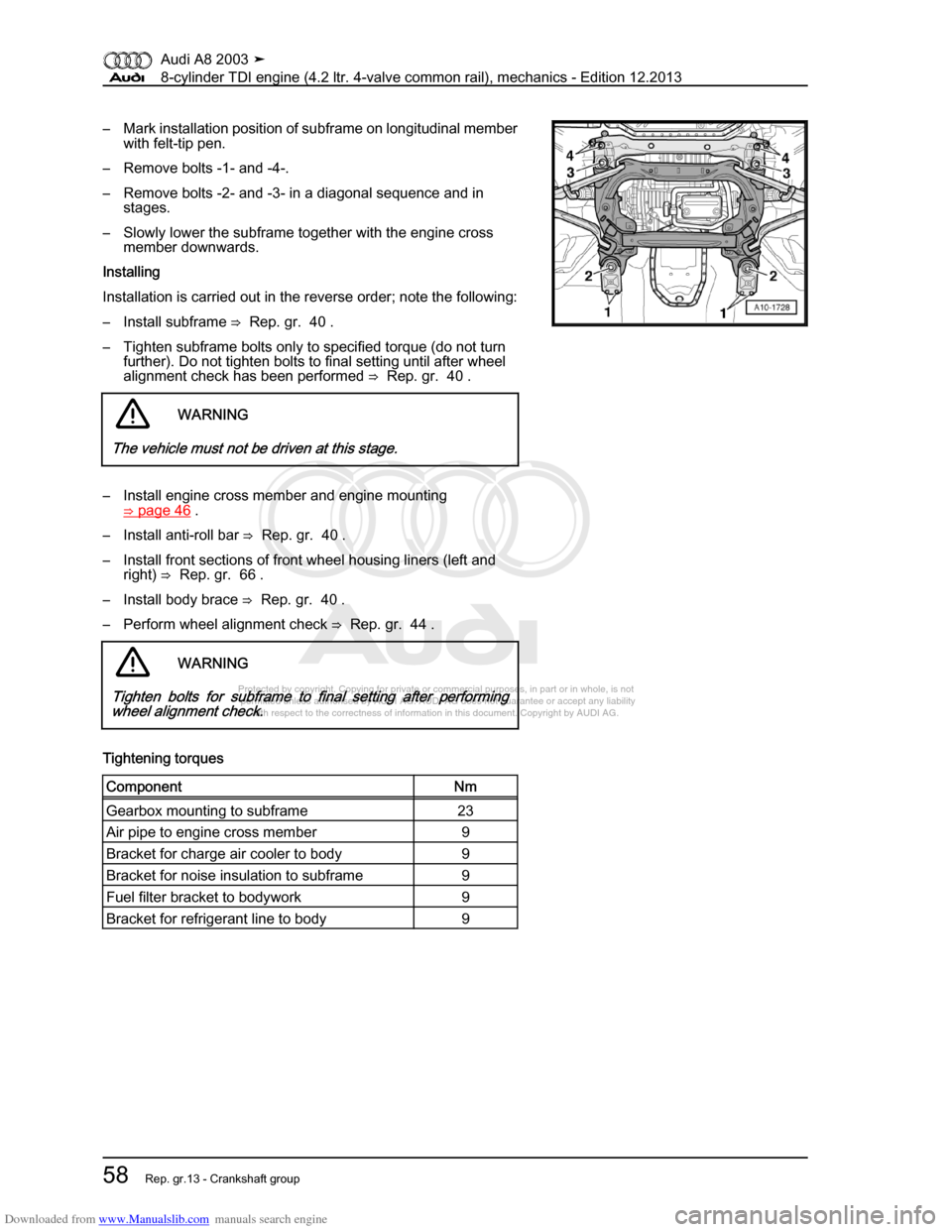 AUDI A8 2003 D3 / 2.G BVN BMC Engines Workshop Manual Downloaded from www.Manualslib.com manuals search engine 
Protected by copyright. Copying for private or commercial purposes, in p\
art or in whole, is not 
 permitted unless authorised by AUDI AG. AU