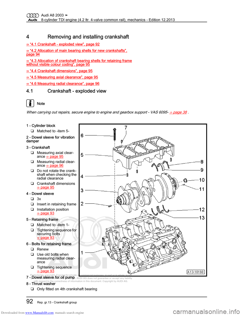 AUDI A8 2003 D3 / 2.G BVN BMC Engines Workshop Manual Downloaded from www.Manualslib.com manuals search engine 
Protected by copyright. Copying for private or commercial purposes, in p\
art or in whole, is not 
 permitted unless authorised by AUDI AG. AU