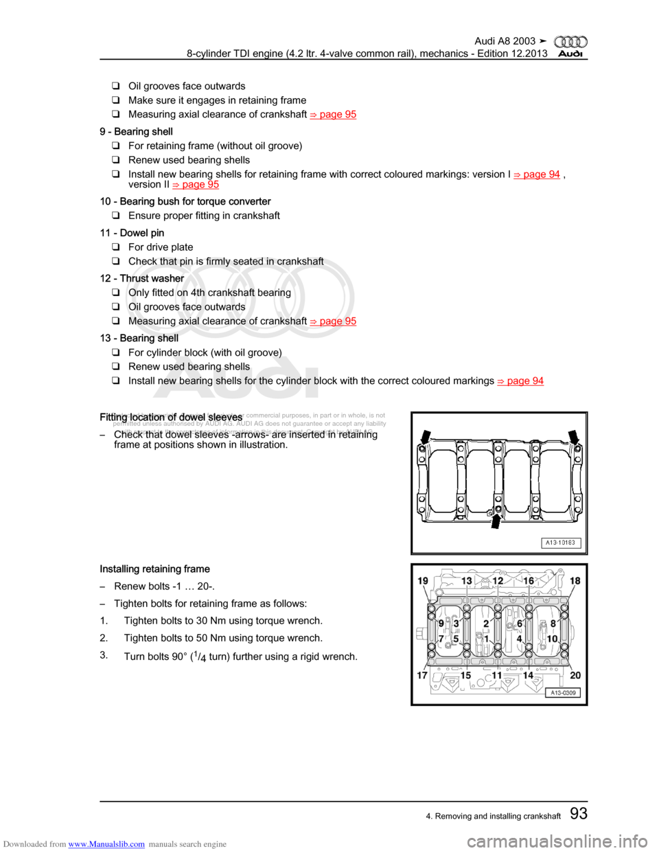 AUDI A8 2003 D3 / 2.G BVN BMC Engines Workshop Manual Downloaded from www.Manualslib.com manuals search engine 
Protected by copyright. Copying for private or commercial purposes, in p\
art or in whole, is not 
 permitted unless authorised by AUDI AG. AU