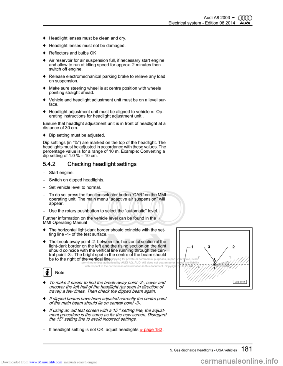 AUDI A8 2003 D3 / 2.G Electrical System Workshop Manual Downloaded from www.Manualslib.com manuals search engine 
Protected by copyright. Copying for private or commercial purposes, in p\
art or in whole, is not 
 permitted unless authorised by AUDI AG. AU
