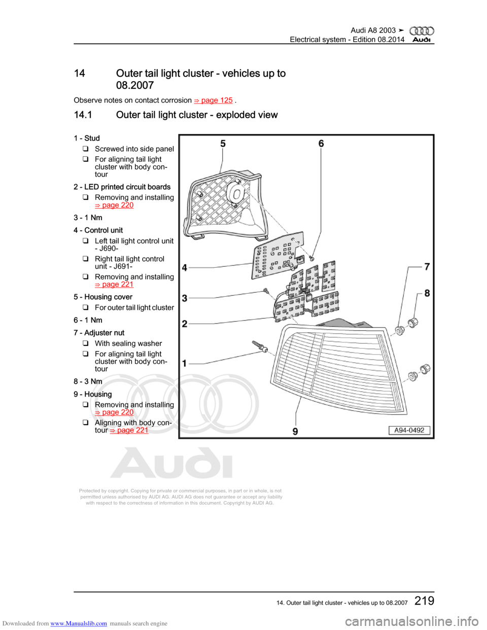 AUDI A8 2003 D3 / 2.G Electrical System Workshop Manual Downloaded from www.Manualslib.com manuals search engine 
Protected by copyright. Copying for private or commercial purposes, in p\
art or in whole, is not 
 permitted unless authorised by AUDI AG. AU