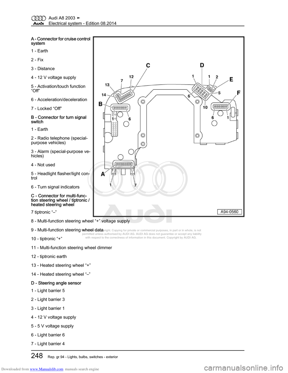 AUDI A8 2003 D3 / 2.G Electrical System Workshop Manual Downloaded from www.Manualslib.com manuals search engine 
Protected by copyright. Copying for private or commercial purposes, in p\
art or in whole, is not 
 permitted unless authorised by AUDI AG. AU