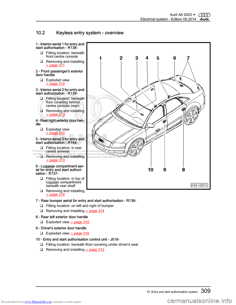 AUDI A8 2003 D3 / 2.G Electrical System Workshop Manual Downloaded from www.Manualslib.com manuals search engine 
Protected by copyright. Copying for private or commercial purposes, in p\
art or in whole, is not 
 permitted unless authorised by AUDI AG. AU