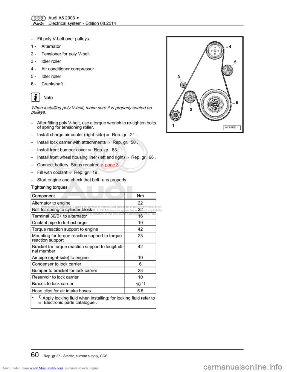 AUDI A8 2003 D3 / 2.G Electrical System Workshop Manual Downloaded from www.Manualslib.com manuals search engine 
Protected by copyright. Copying for private or commercial purposes, in p\
art or in whole, is not 
 permitted unless authorised by AUDI AG. AU
