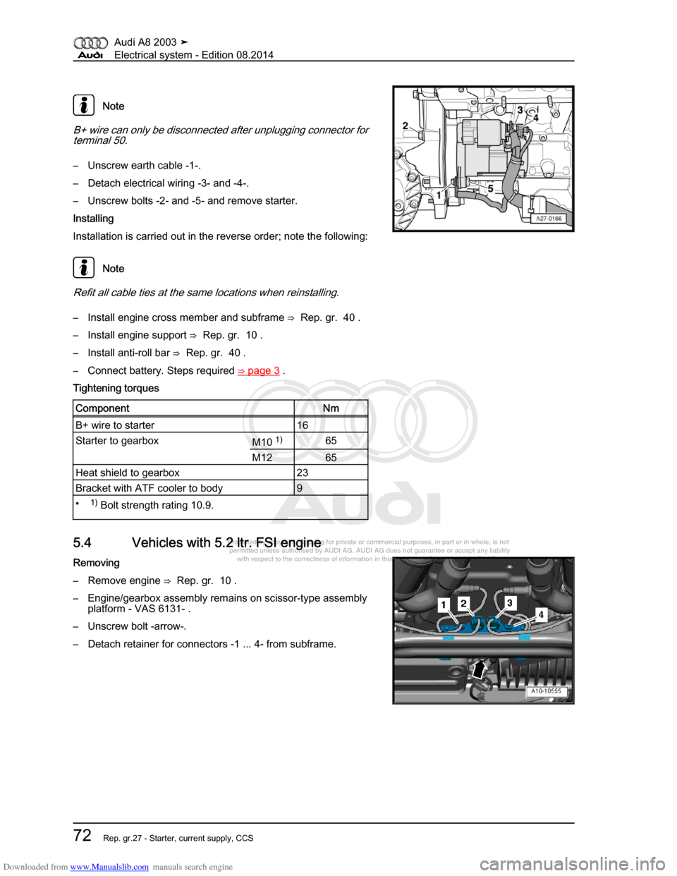 AUDI A8 2003 D3 / 2.G Electrical System Workshop Manual Downloaded from www.Manualslib.com manuals search engine 
Protected by copyright. Copying for private or commercial purposes, in p\
art or in whole, is not 
 permitted unless authorised by AUDI AG. AU