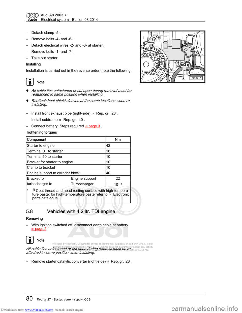 AUDI A8 2003 D3 / 2.G Electrical System Workshop Manual Downloaded from www.Manualslib.com manuals search engine 
Protected by copyright. Copying for private or commercial purposes, in p\
art or in whole, is not 
 permitted unless authorised by AUDI AG. AU