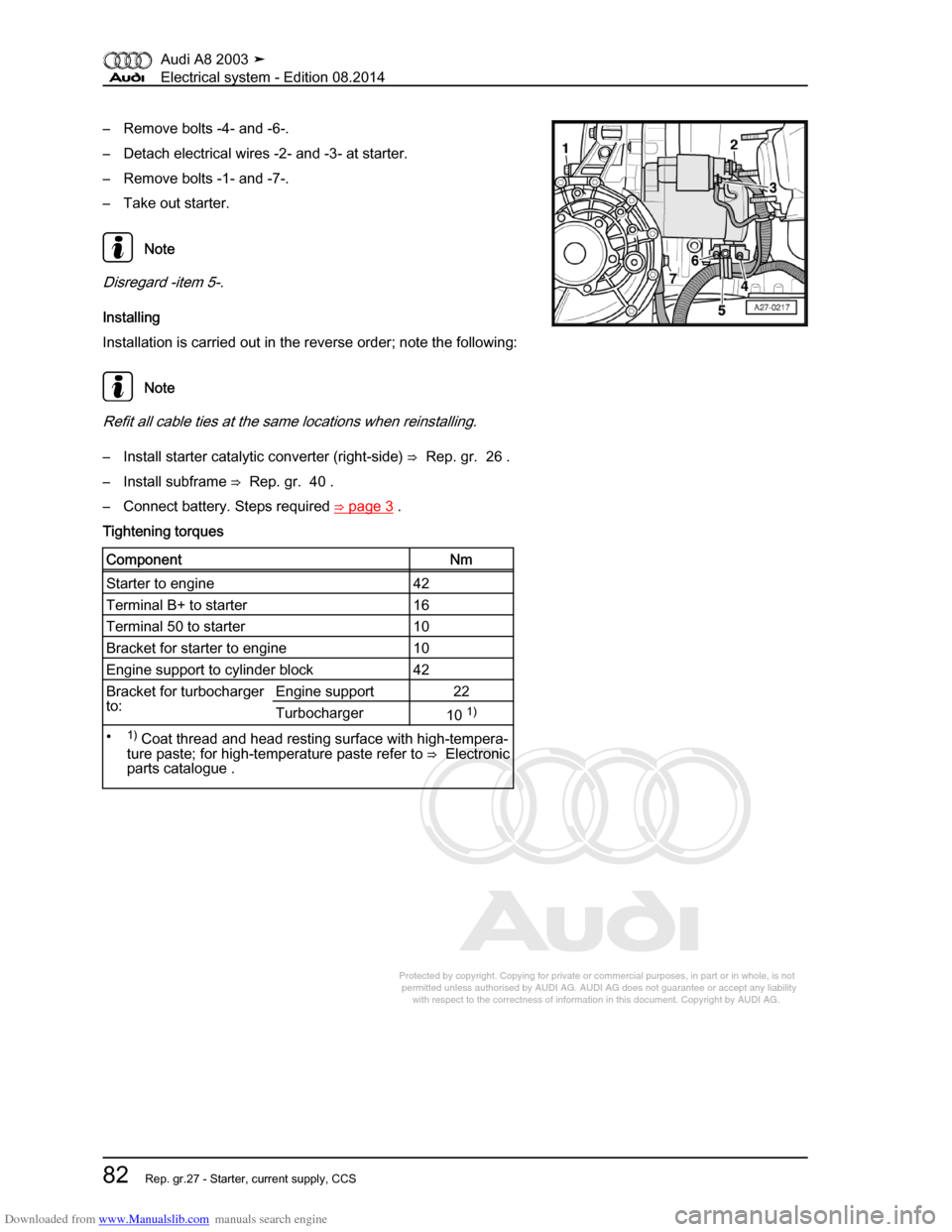 AUDI A8 2003 D3 / 2.G Electrical System Workshop Manual Downloaded from www.Manualslib.com manuals search engine 
Protected by copyright. Copying for private or commercial purposes, in p\
art or in whole, is not 
 permitted unless authorised by AUDI AG. AU