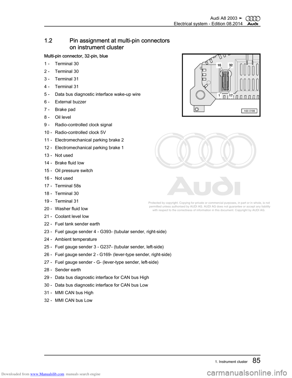 AUDI A8 2003 D3 / 2.G Electrical System Workshop Manual Downloaded from www.Manualslib.com manuals search engine 
Protected by copyright. Copying for private or commercial purposes, in p\
art or in whole, is not 
 permitted unless authorised by AUDI AG. AU