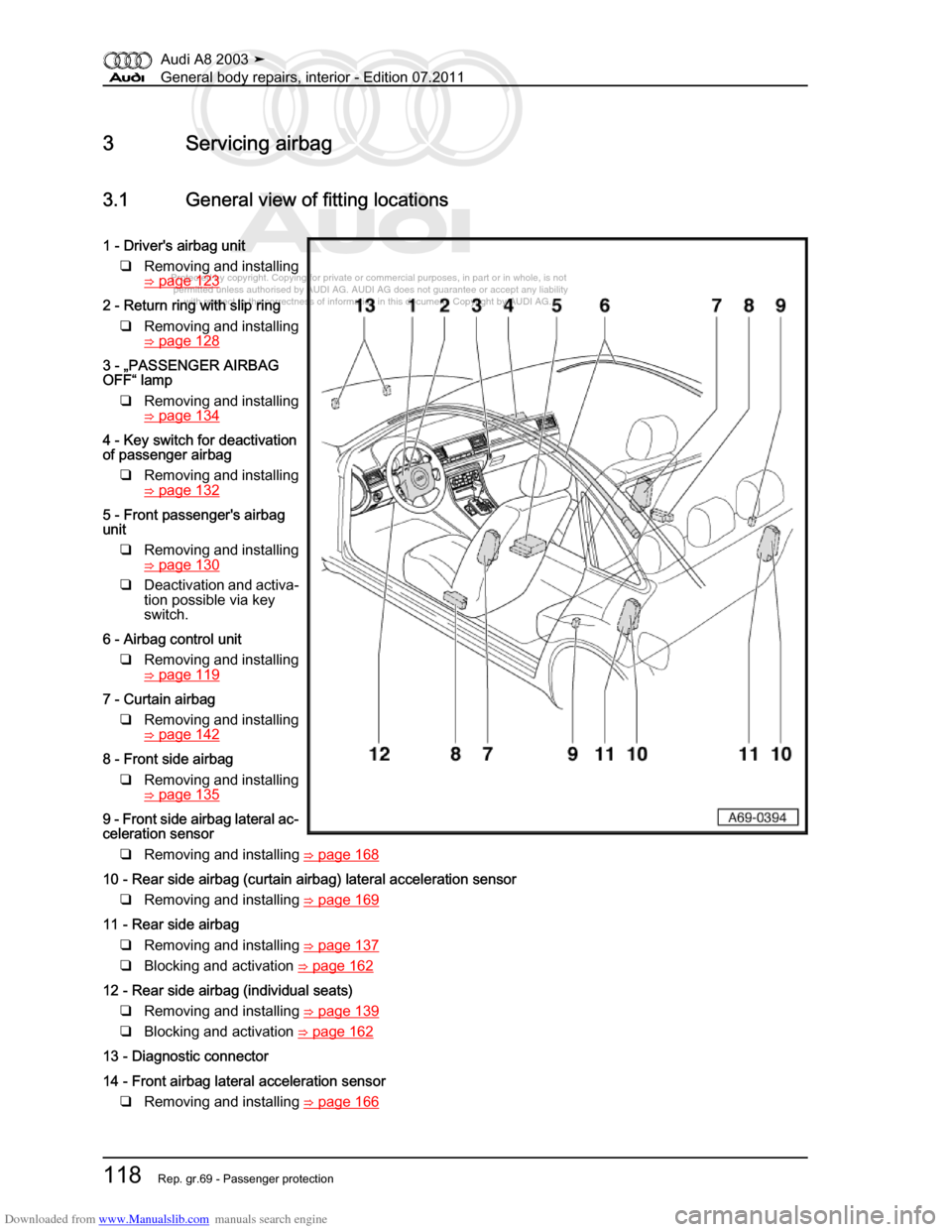 AUDI A8 2003 D3 / 2.G General System Workshop Manual Downloaded from www.Manualslib.com manuals search engine 
Protected by copyright. Copying for private or commercial purposes, in p\
art or in whole, is not 
 permitted unless authorised by AUDI AG. AU