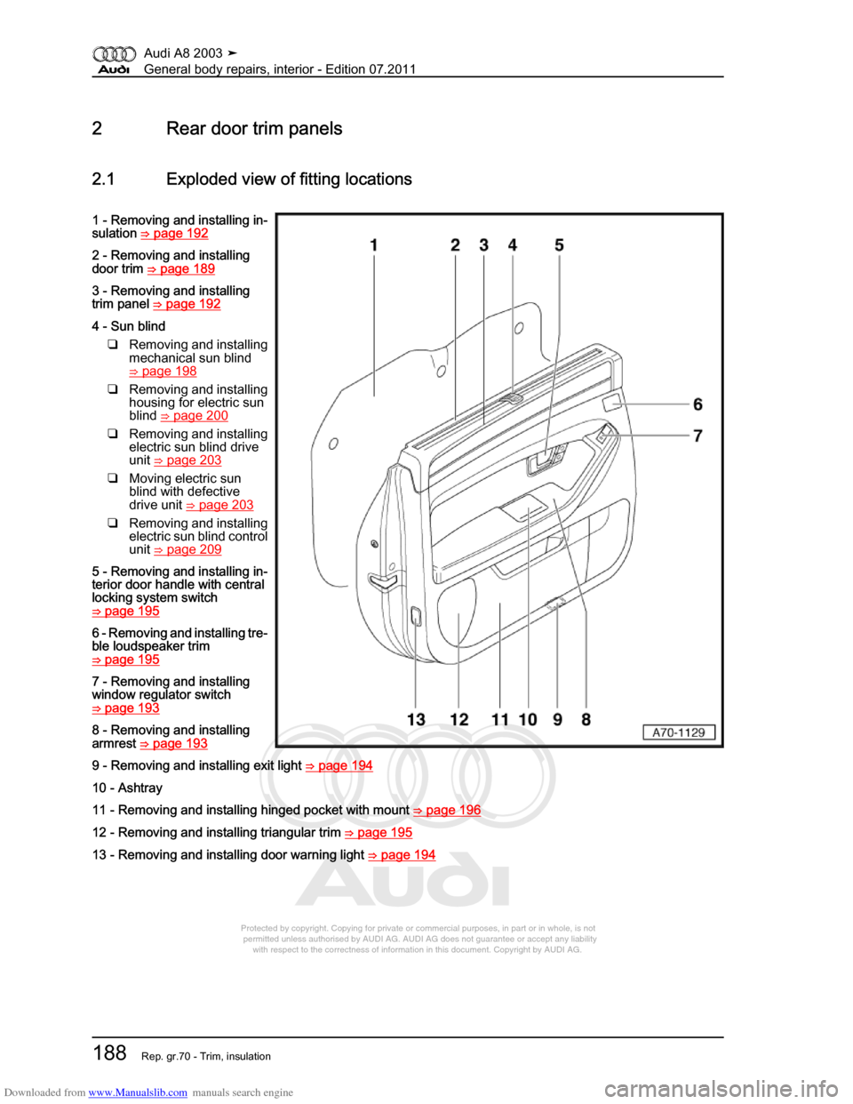 AUDI A8 2003 D3 / 2.G General System Workshop Manual Downloaded from www.Manualslib.com manuals search engine 
Protected by copyright. Copying for private or commercial purposes, in p\
art or in whole, is not 
 permitted unless authorised by AUDI AG. AU
