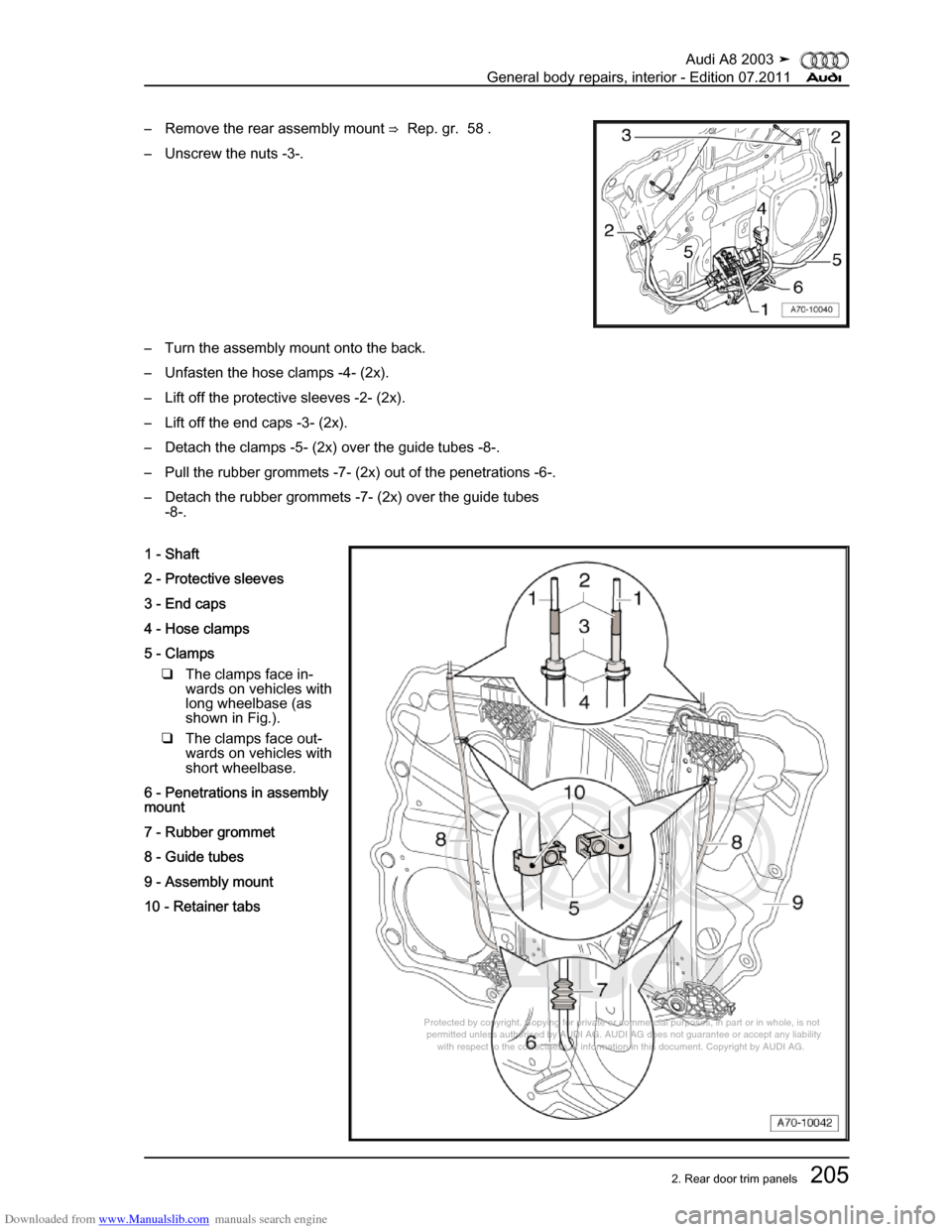 AUDI A8 2003 D3 / 2.G General System Workshop Manual Downloaded from www.Manualslib.com manuals search engine 
Protected by copyright. Copying for private or commercial purposes, in p\
art or in whole, is not 
 permitted unless authorised by AUDI AG. AU