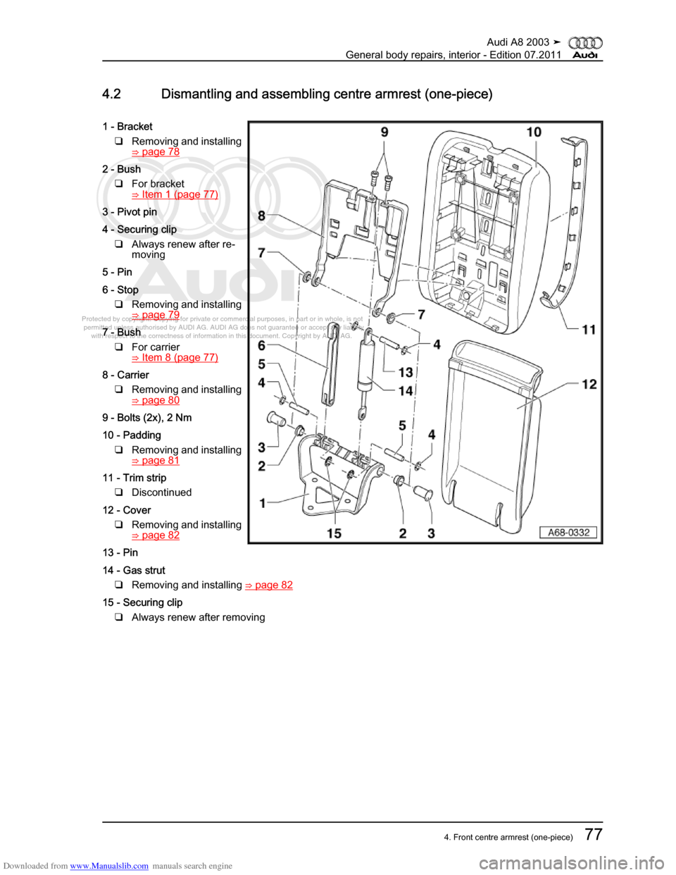 AUDI A8 2003 D3 / 2.G General System Workshop Manual Downloaded from www.Manualslib.com manuals search engine 
Protected by copyright. Copying for private or commercial purposes, in p\
art or in whole, is not 
 permitted unless authorised by AUDI AG. AU