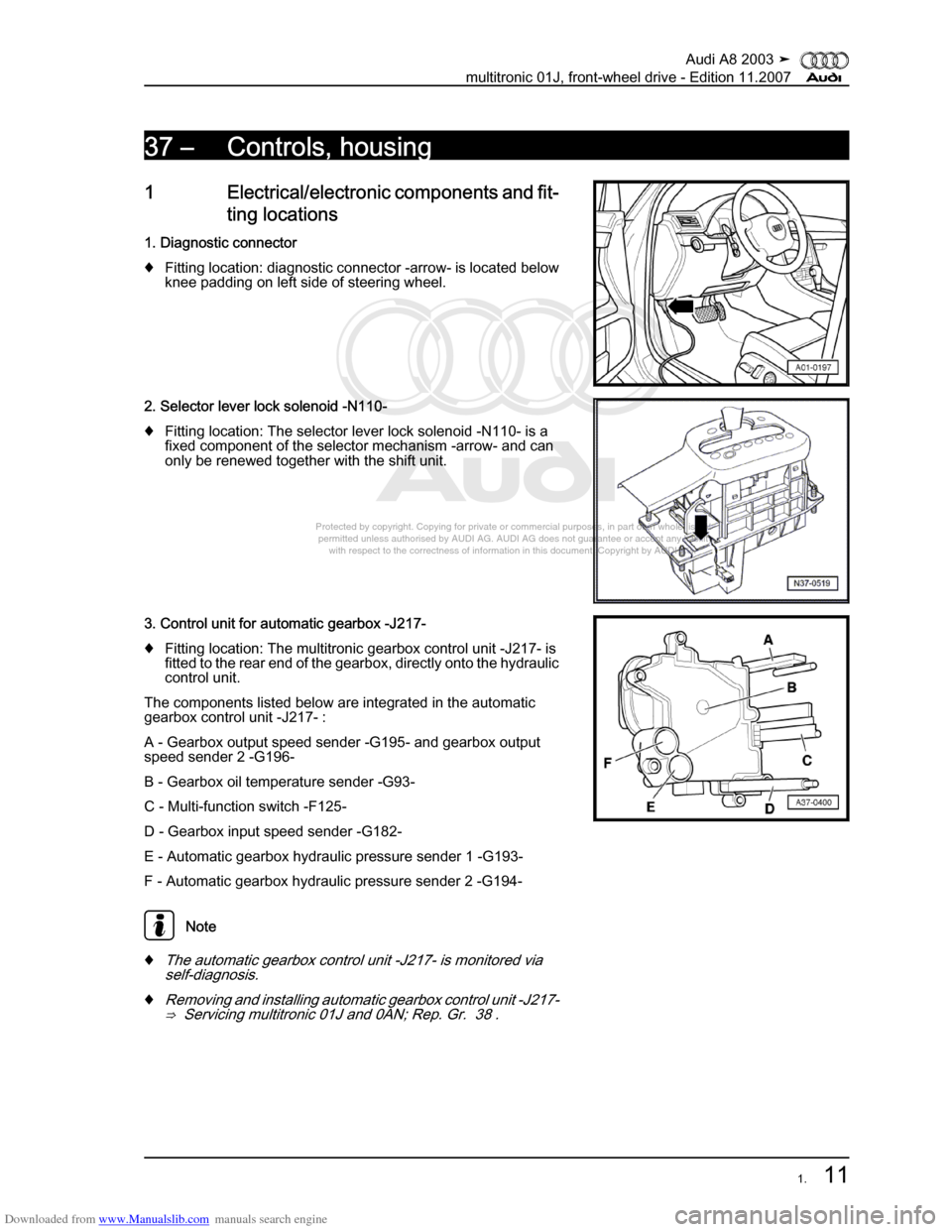 AUDI A8 2003 D3 / 2.G Multitronic System Workshop Manual Downloaded from www.Manualslib.com manuals search engine 
Protected by copyright. Copying for private or commercial purposes, in p\
art or in whole, is not 
 permitted unless authorised by AUDI AG. AU