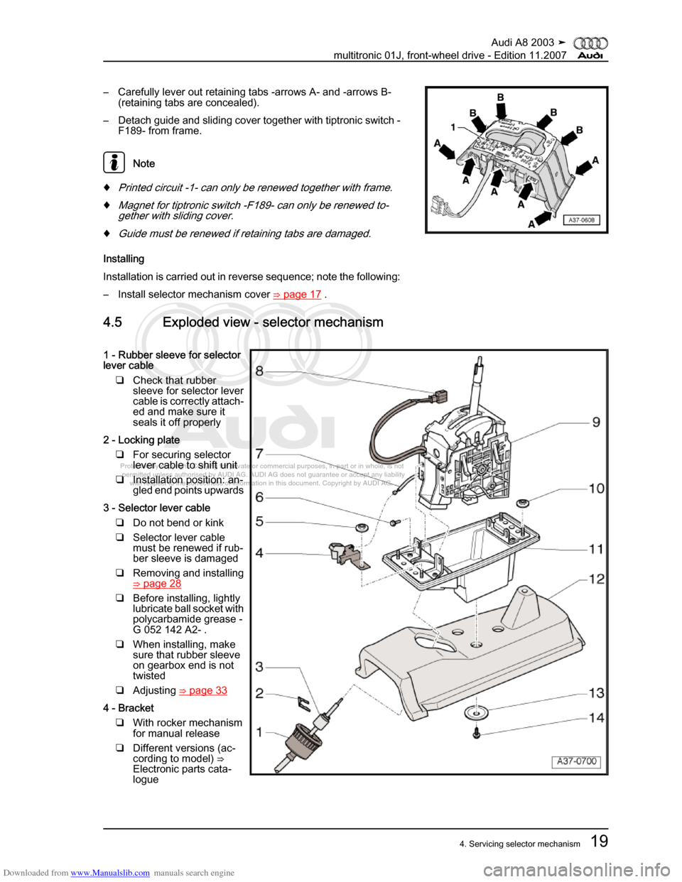 AUDI A8 2003 D3 / 2.G Multitronic System Workshop Manual Downloaded from www.Manualslib.com manuals search engine 
Protected by copyright. Copying for private or commercial purposes, in p\
art or in whole, is not 
 permitted unless authorised by AUDI AG. AU