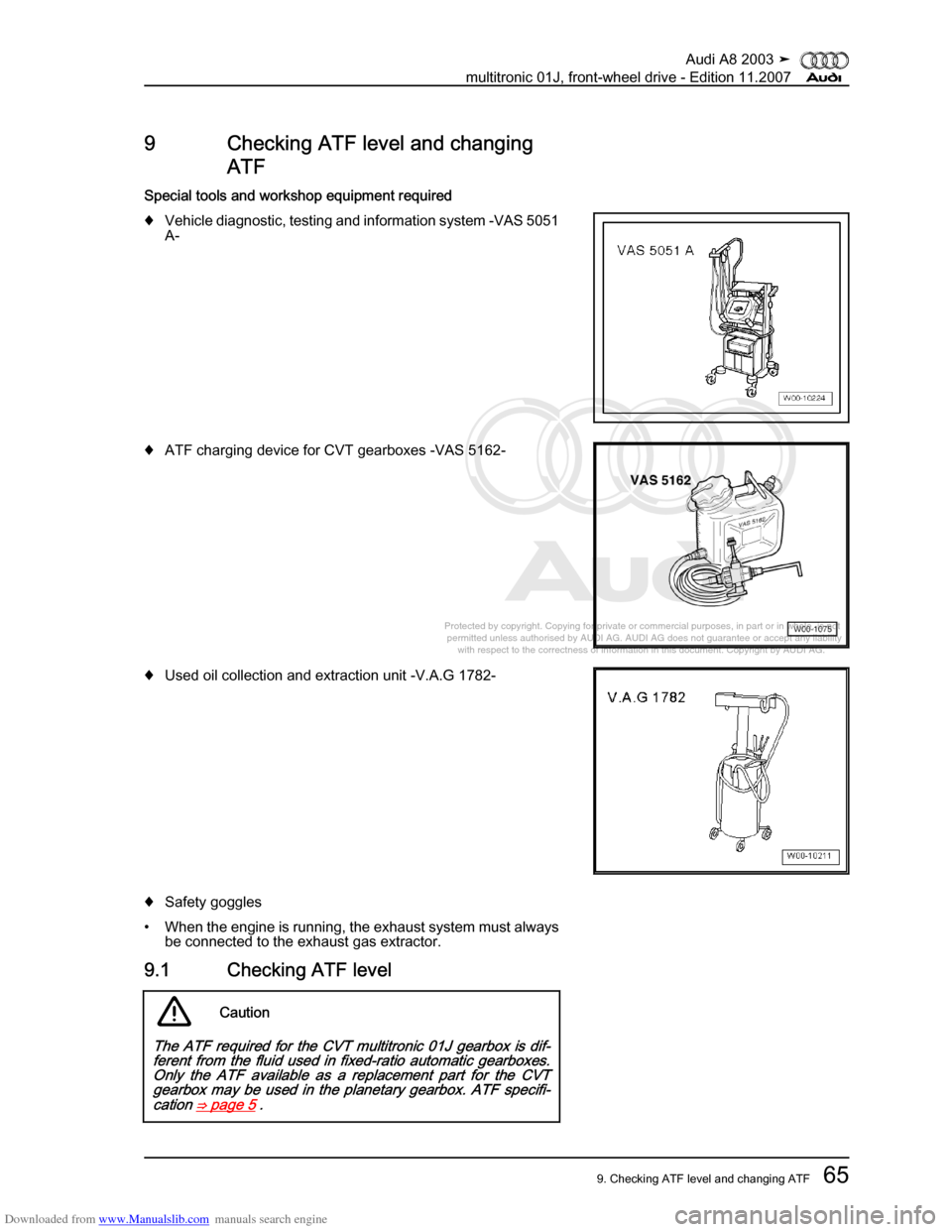 AUDI A8 2003 D3 / 2.G Multitronic System Workshop Manual Downloaded from www.Manualslib.com manuals search engine 
Protected by copyright. Copying for private or commercial purposes, in p\
art or in whole, is not 
 permitted unless authorised by AUDI AG. AU