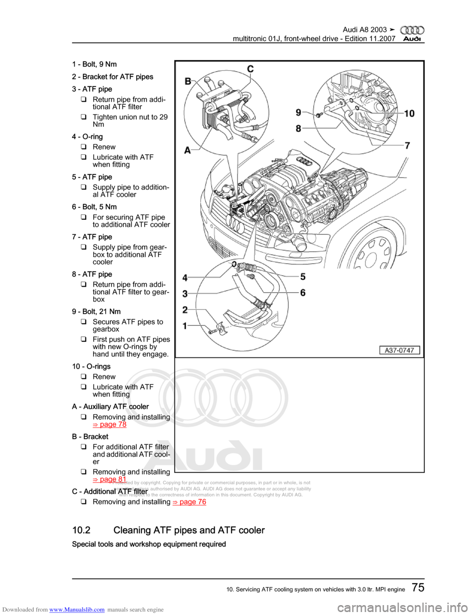AUDI A8 2003 D3 / 2.G Multitronic System Workshop Manual Downloaded from www.Manualslib.com manuals search engine 
Protected by copyright. Copying for private or commercial purposes, in p\
art or in whole, is not 
 permitted unless authorised by AUDI AG. AU