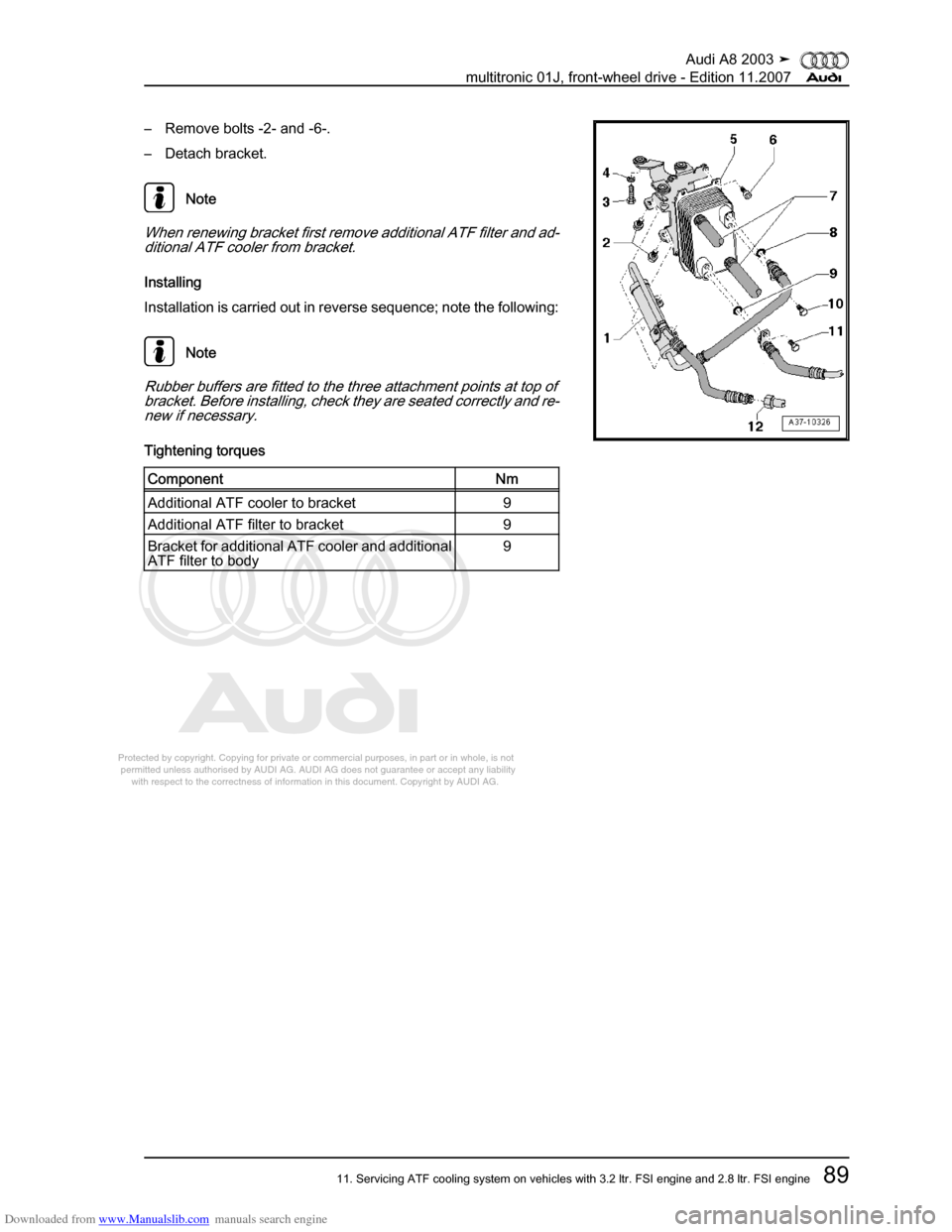 AUDI A8 2003 D3 / 2.G Multitronic System Workshop Manual Downloaded from www.Manualslib.com manuals search engine 
Protected by copyright. Copying for private or commercial purposes, in p\
art or in whole, is not 
 permitted unless authorised by AUDI AG. AU