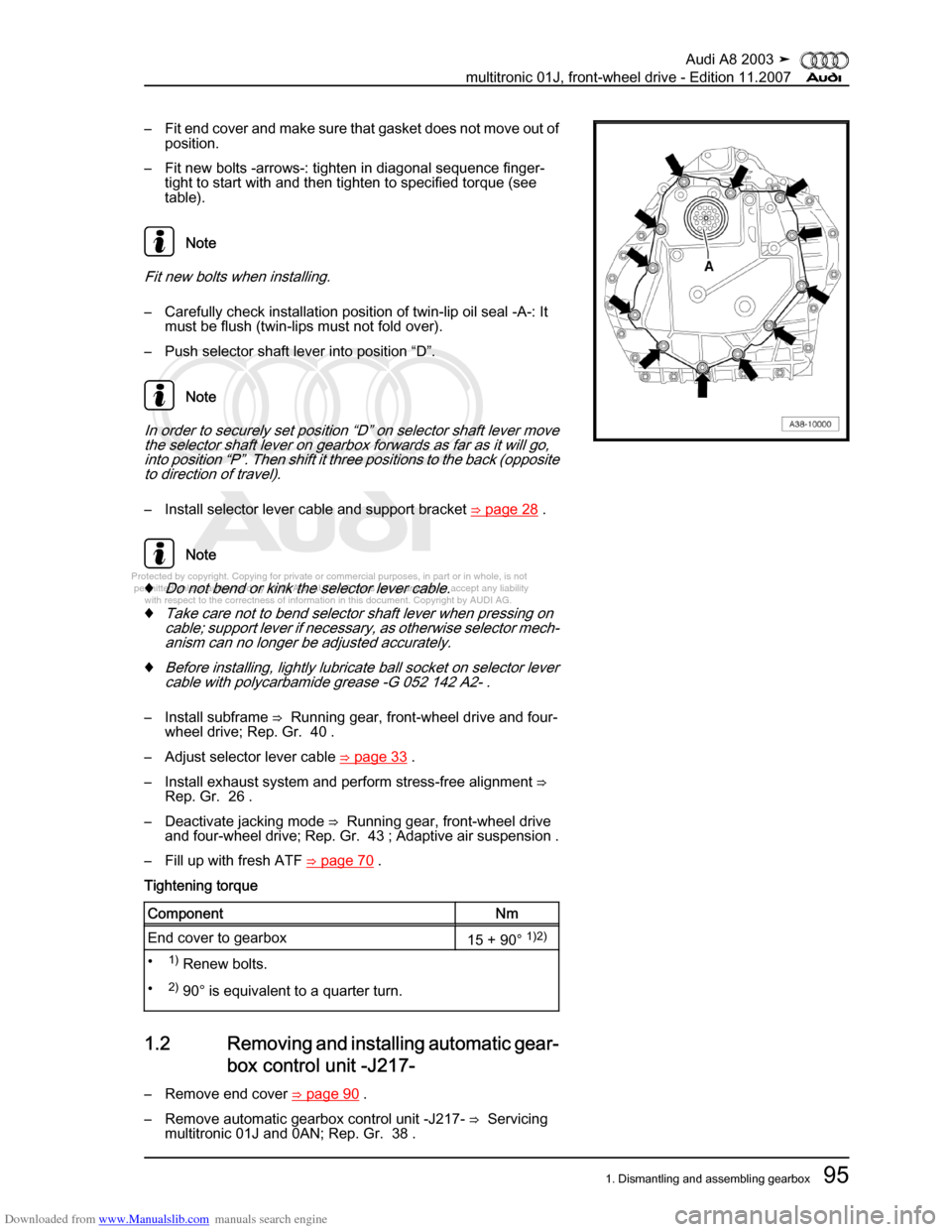 AUDI A8 2003 D3 / 2.G Multitronic System Workshop Manual Downloaded from www.Manualslib.com manuals search engine 
Protected by copyright. Copying for private or commercial purposes, in p\
art or in whole, is not 
 permitted unless authorised by AUDI AG. AU