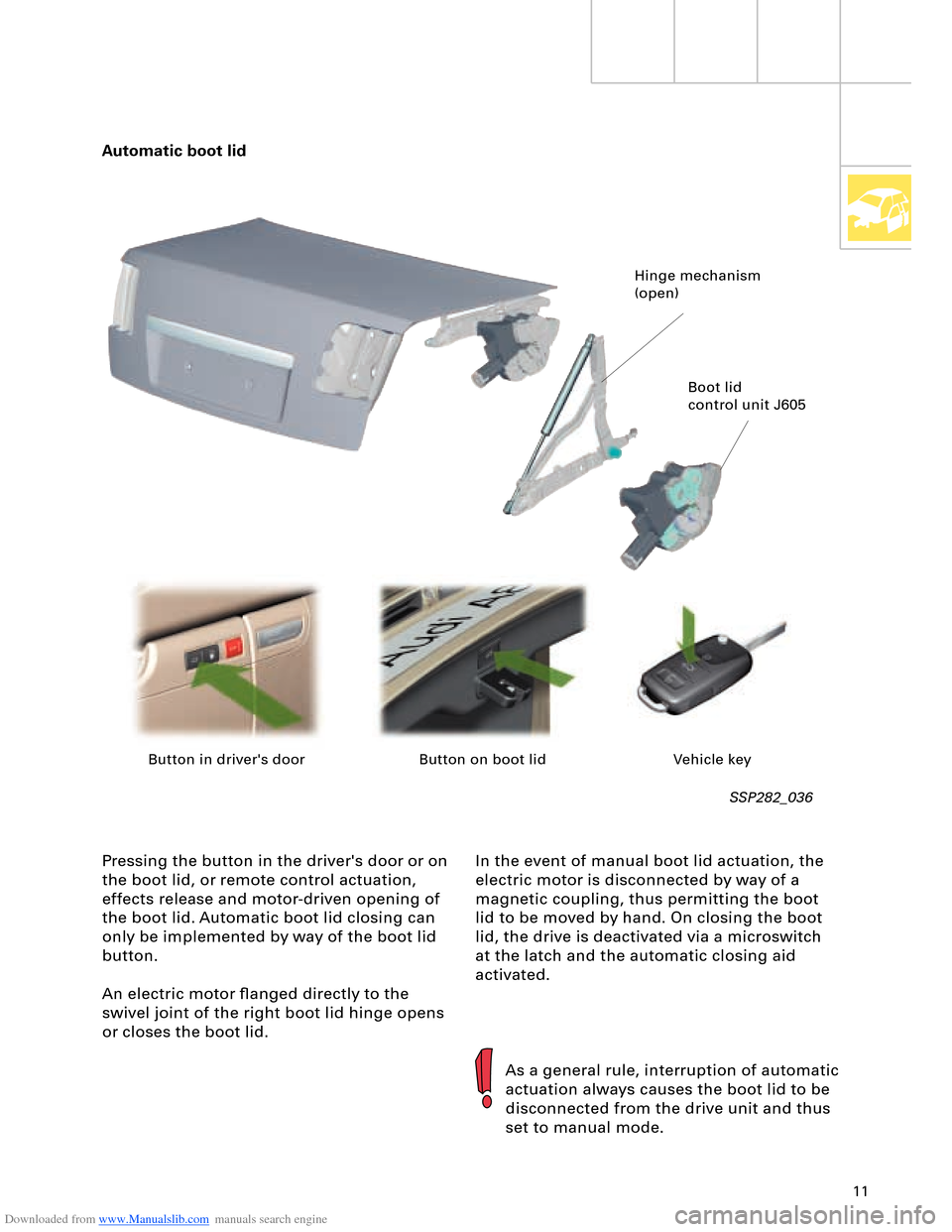 AUDI A8 2003 D3 / 2.G Technical Features Manual Downloaded from www.Manualslib.com manuals search engine 11
In the event of manual boot lid actuation, the 
electric motor is disconnected by way of a 
magnetic coupling, thus permitting the boot 
lid