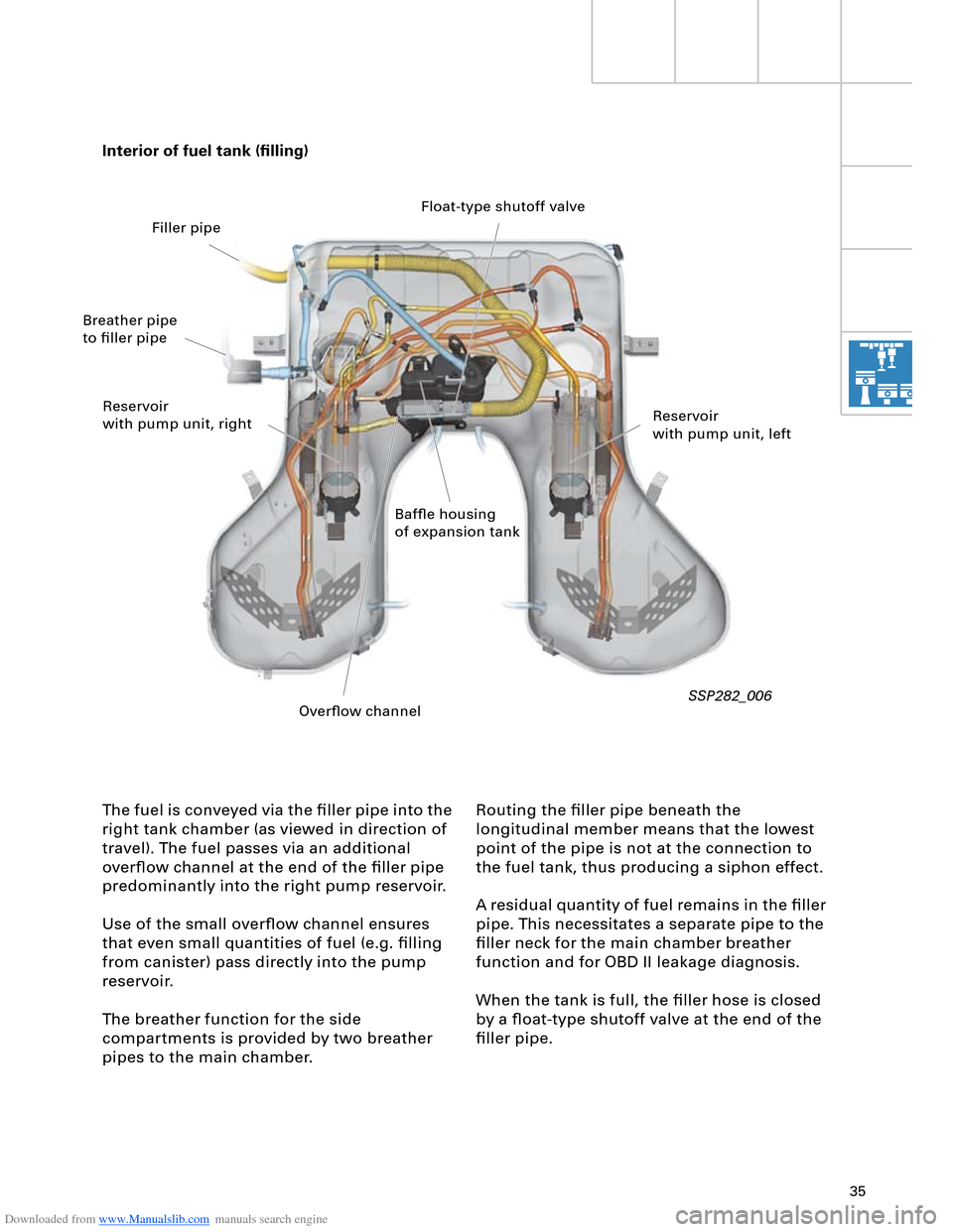 AUDI A8 2003 D3 / 2.G Technical Features Manual Downloaded from www.Manualslib.com manuals search engine 35
The fuel is conveyed via the filler pipe into the
right tank chamber (as viewed in direction of
travel). The fuel passes via an additiona AUDI A8 2003 D3 / 2.G Technical Features Manual Downloaded from www.Manualslib.com manuals search engine 35
The fuel is conveyed via the filler pipe into the
right tank chamber (as viewed in direction of
travel). The fuel passes via an additiona