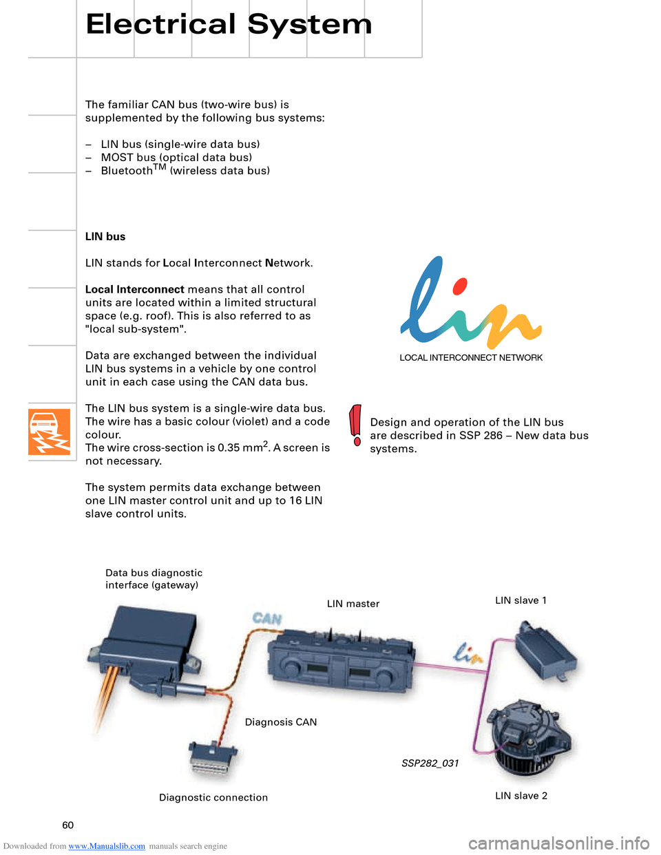 AUDI A8 2003 D3 / 2.G Technical Features Manual Downloaded from www.Manualslib.com manuals search engine 60
LOCAL INTERCONNECT NETWORK
Electrical System
The familiar CAN bus (two-wire bus) is
supplemented by the following bus systems:
– LIN bu AUDI A8 2003 D3 / 2.G Technical Features Manual Downloaded from www.Manualslib.com manuals search engine 60
LOCAL INTERCONNECT NETWORK
Electrical System
The familiar CAN bus (two-wire bus) is
supplemented by the following bus systems:
– LIN bu