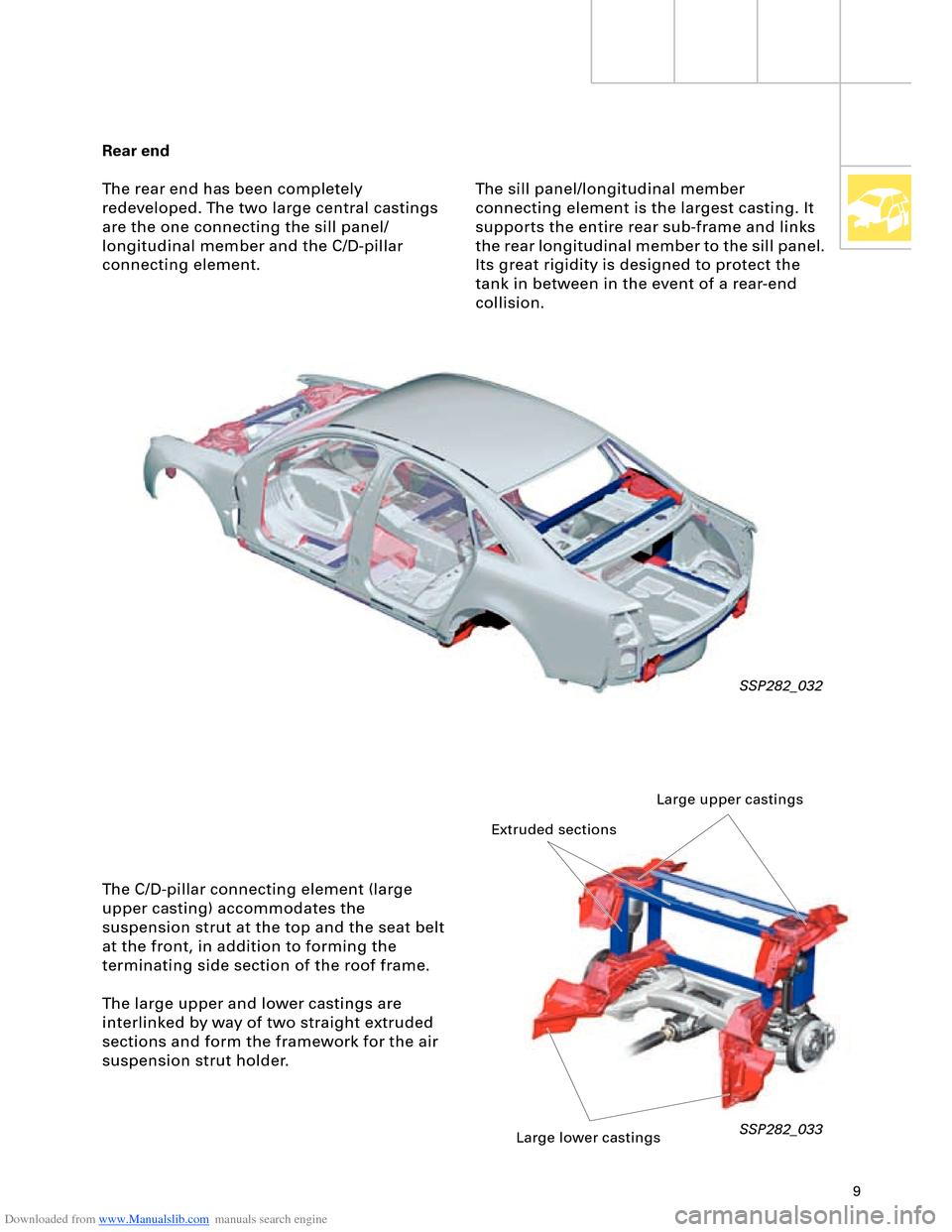 AUDI A8 2003 D3 / 2.G Technical Features Manual Downloaded from www.Manualslib.com manuals search engine 9
Rear end
The rear end has been completely 
redeveloped. The two large central castings 
are the one connecting the sill panel/
longitudinal m