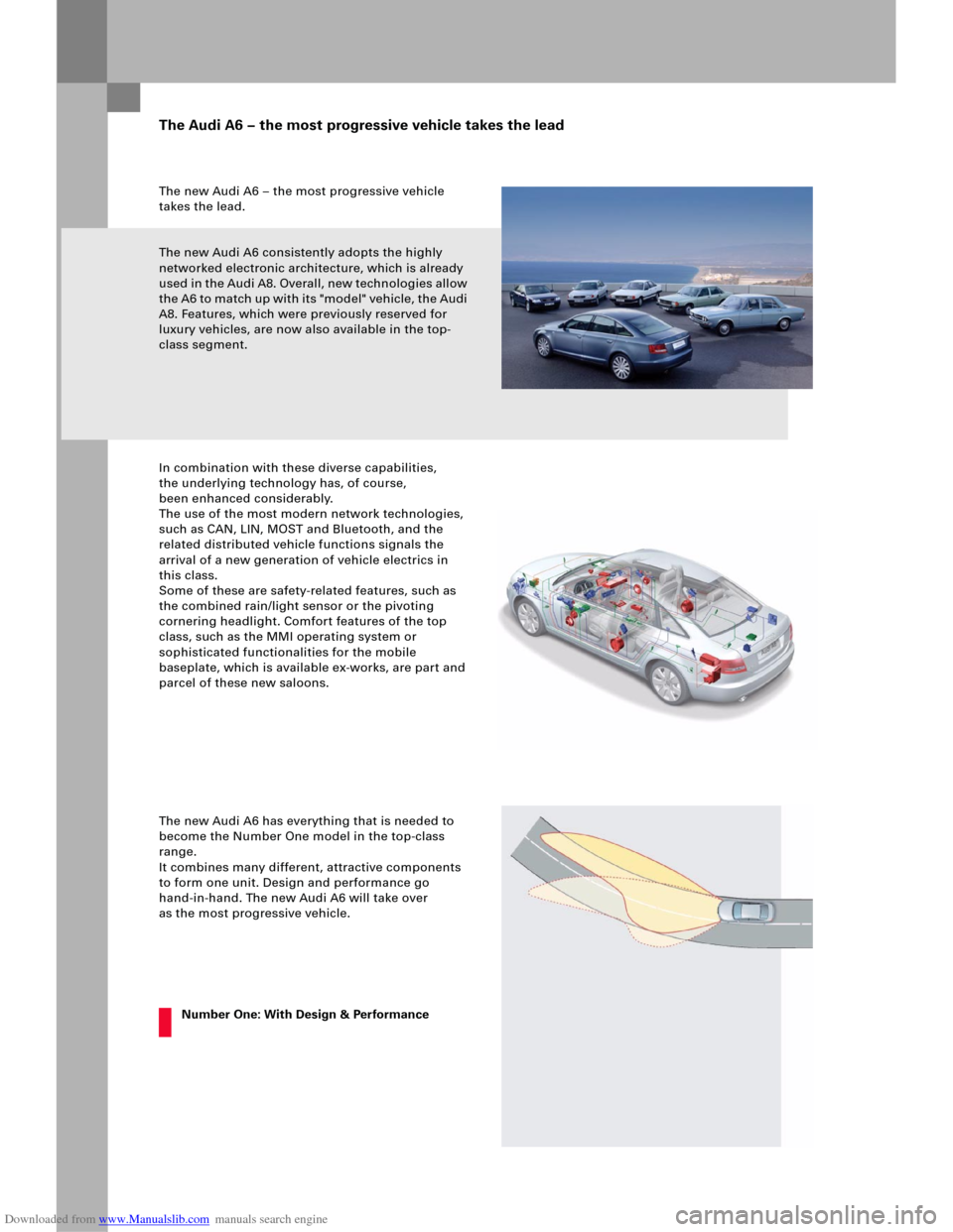 AUDI A6 2005 C5 / 2.G Electrics System Training Manual Downloaded from www.Manualslib.com manuals search engine The new Audi A6 – the most progressive vehicle
takes the lead.
The new Audi A6 consistently adopts the highly
networked electronic architec AUDI A6 2005 C5 / 2.G Electrics System Training Manual Downloaded from www.Manualslib.com manuals search engine The new Audi A6 – the most progressive vehicle
takes the lead.
The new Audi A6 consistently adopts the highly
networked electronic architec